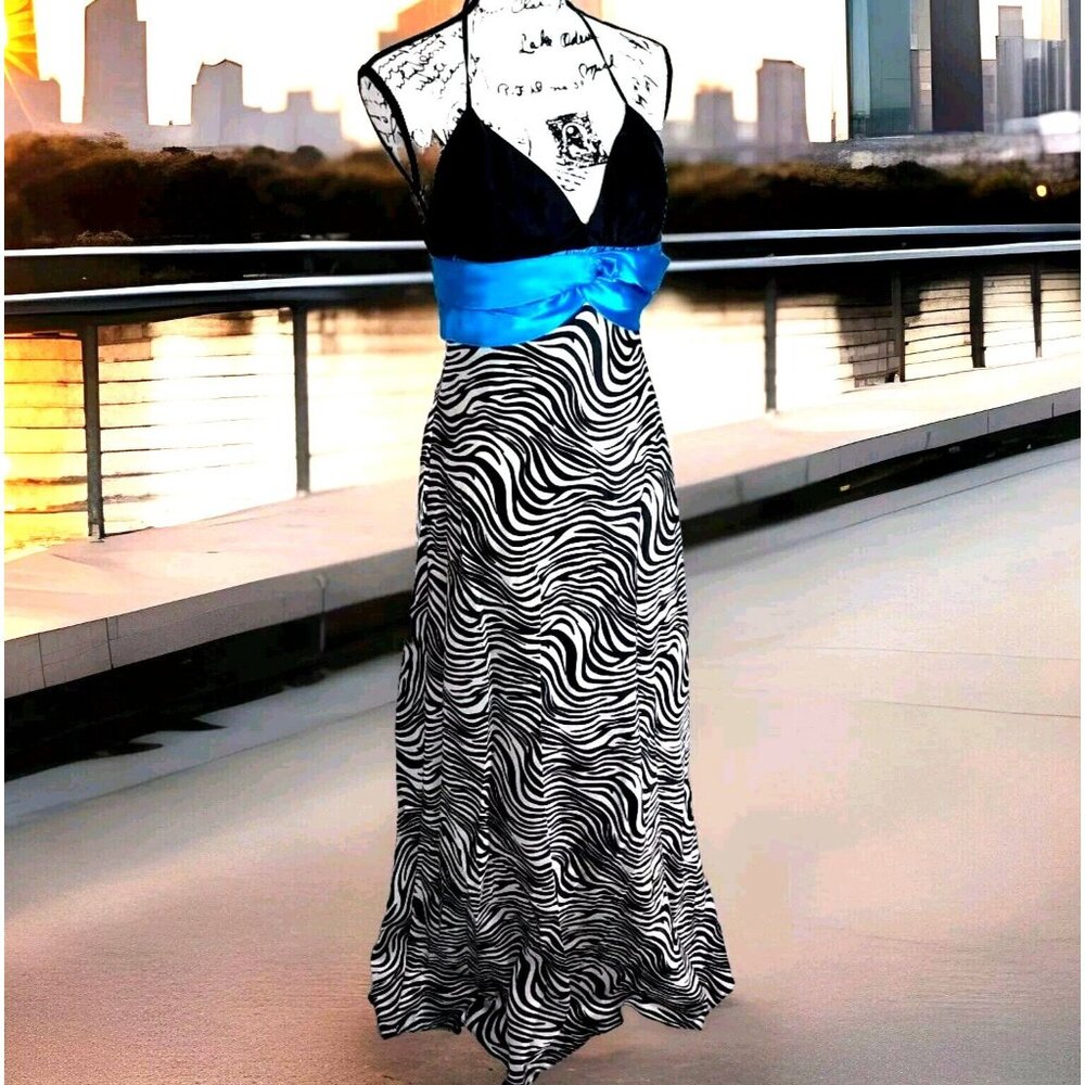 Vtg Jessica McClintock Gunne Sax Satin Zebra Turquoise Maxi Dress Sz 9 Formal